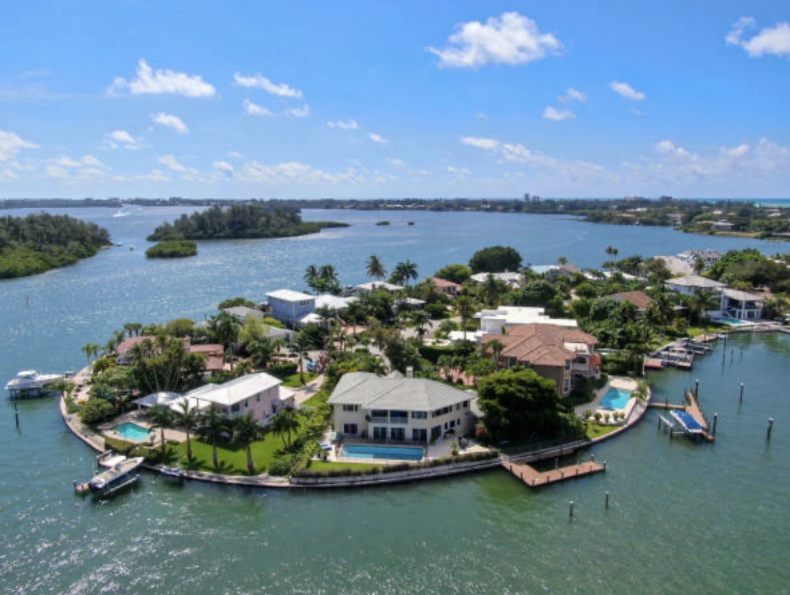 Bird Key Sarasota Bay private gated island luxury waterfront homes aerial